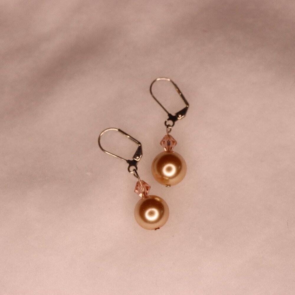 Golden peach style pearl drop earrings for pierced ears warm golden honey color